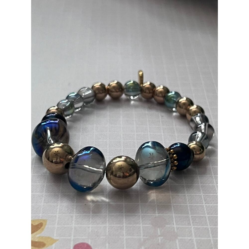 Mixed Metal Beaded Iridescent Glass Handmade Futuristic Design Stretch - Picture 3 of 3